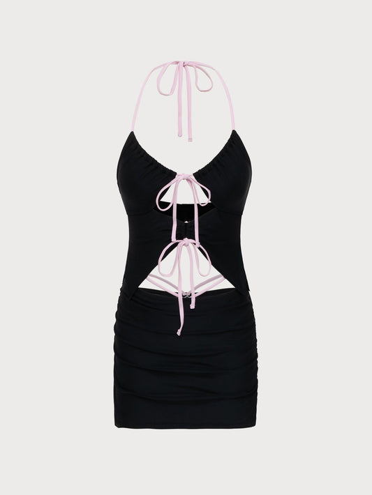 Black Contrast Color Skirt Tankini Swimsuit