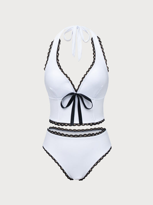 White Contrast Lace Tankini Swimsuit