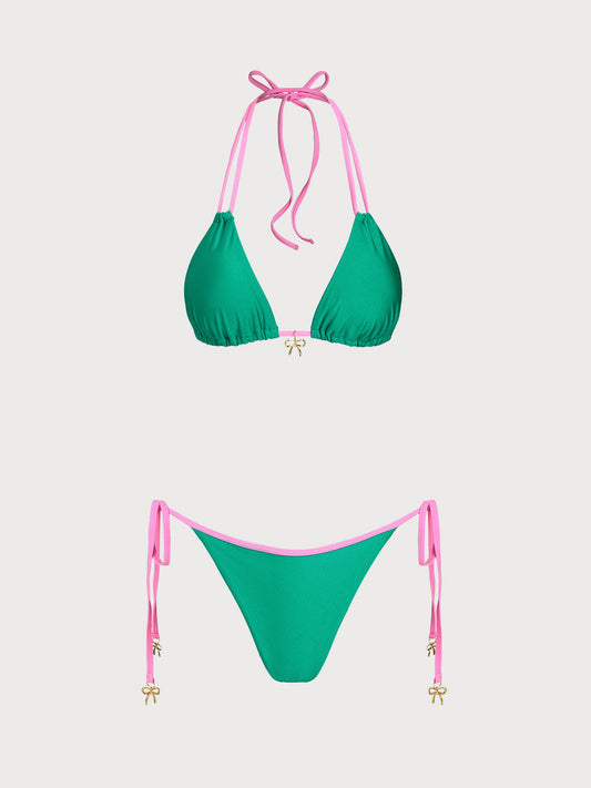 Green Contrast Bow Decorated Bikini Set