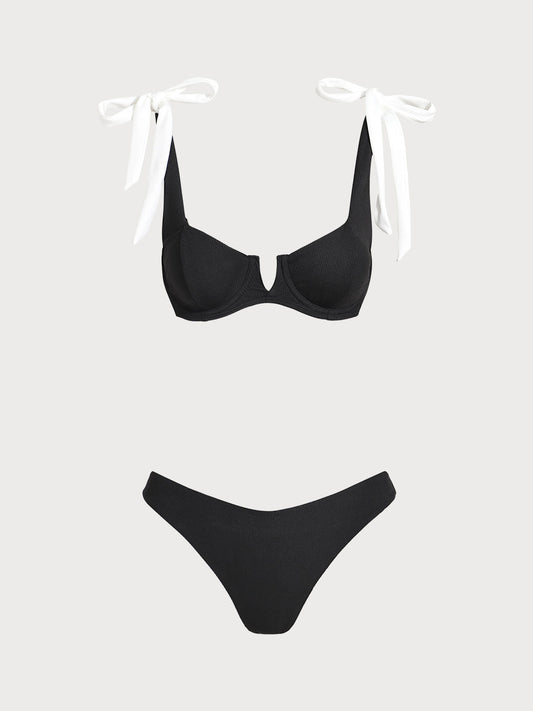 Black Contrast Bowknot V-Notch Bikini Set