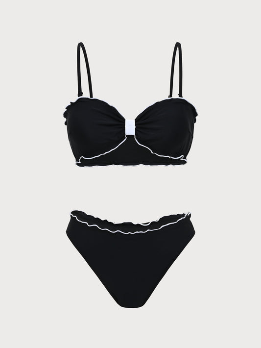 Black Contrast Color Bandeau Bikini Set