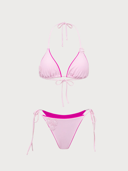 Pink Contrast Flower Bikini Set