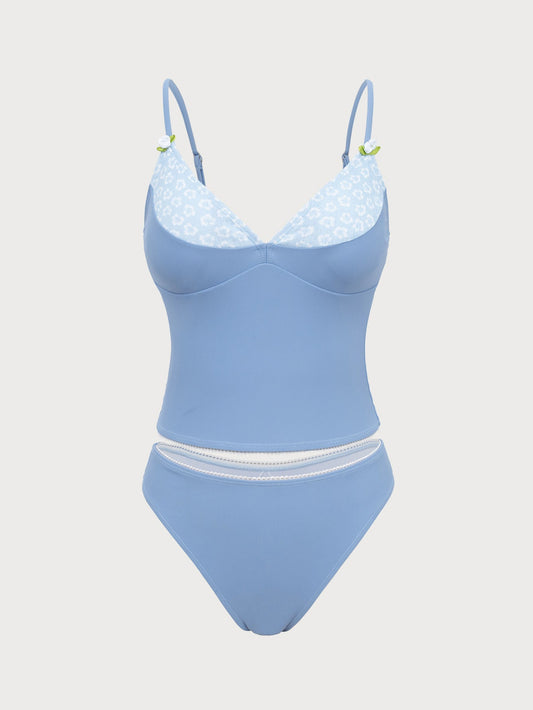 Blue Printed Fake Two Piece Tankini Swimsuit