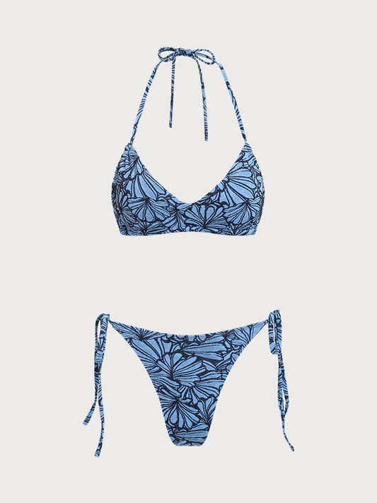 Blue Contrast Shell Pattern Bikini Set