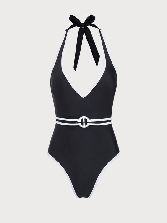 Black Contrast V-Neck One-Piece Swimsuit