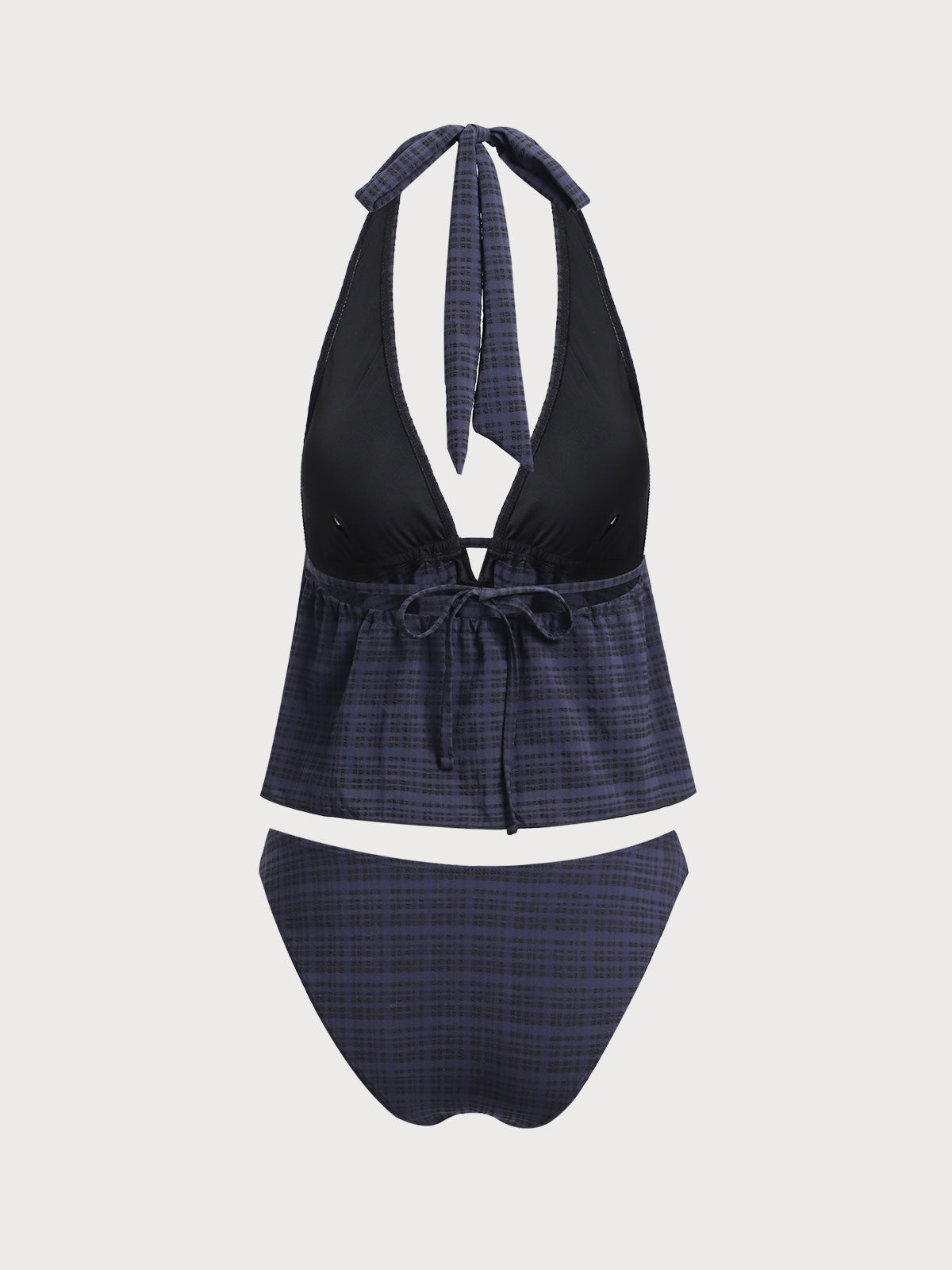 Black Deep V Plaid Tankini Swimsuit