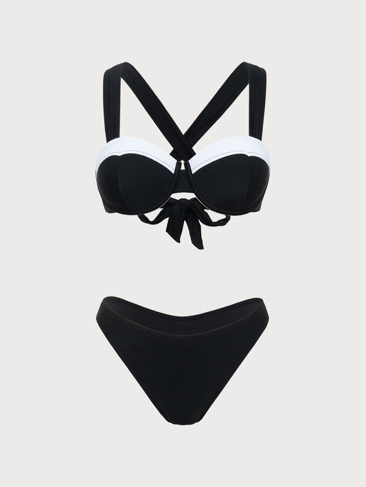 Black Denim Style Contrasting Underwire Bikini Set