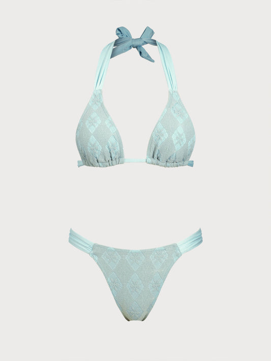 Grey Green Hollow Lace Flower Bikini Set