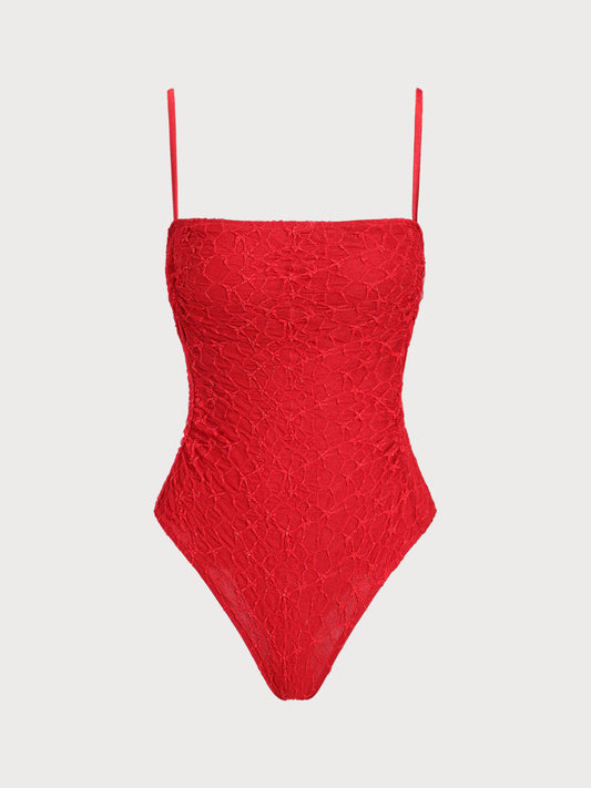 Red Lace Ruched One-Piece Swimsuit