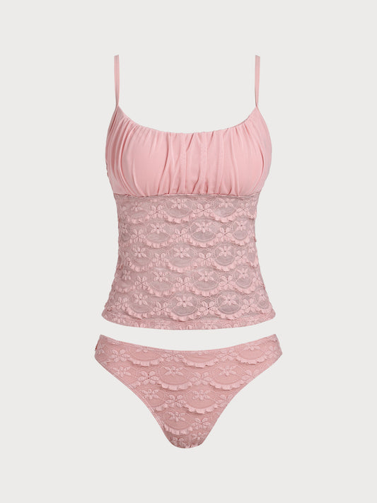Pink Ruched Hollow Mesh Flower Tankini Swimsuit