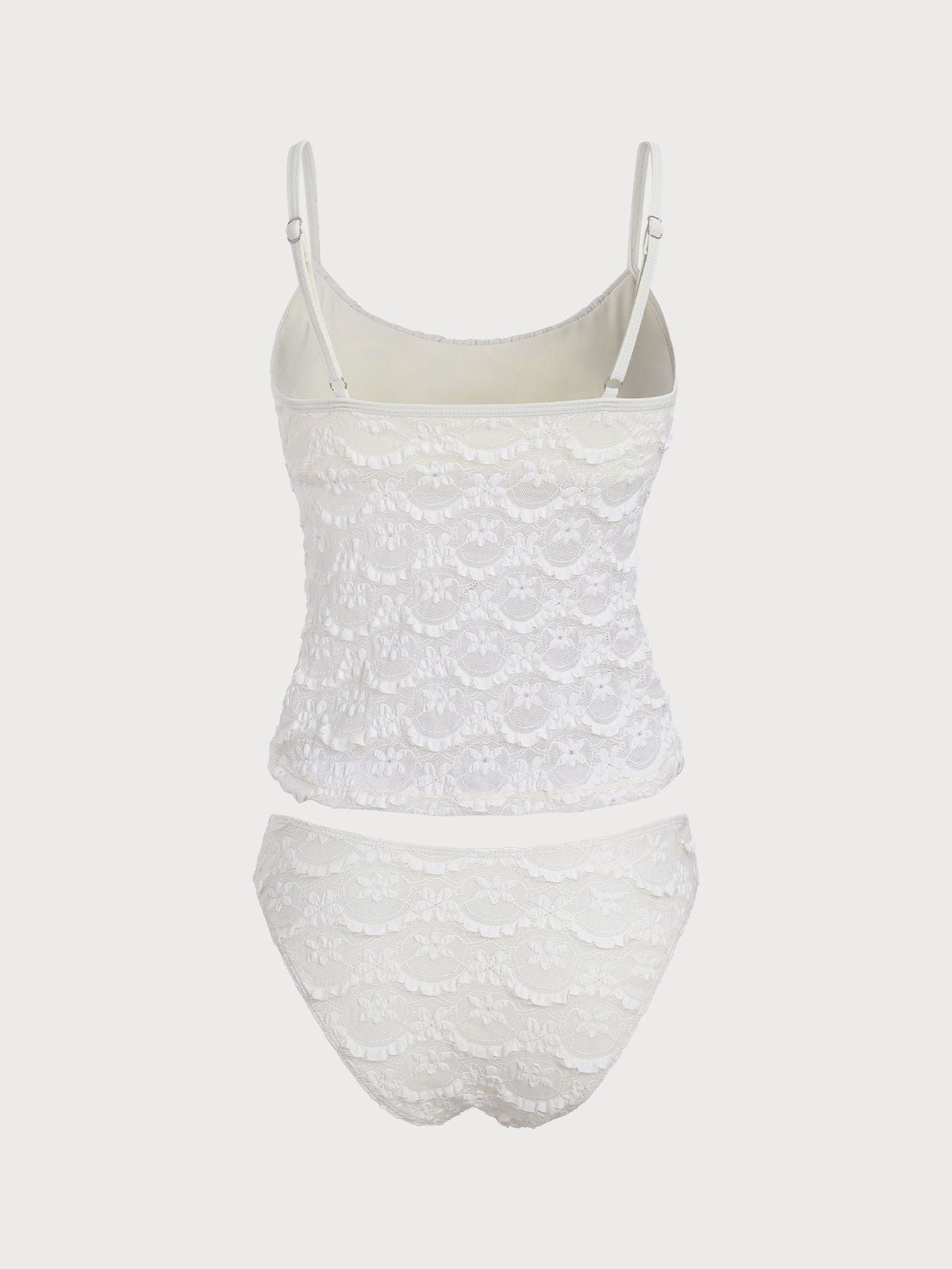 Off White Ruched Hollow Mesh Flower Tankini Swimsuit