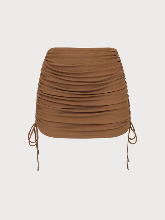 Brown Nylon Knitted Shirred Skirt