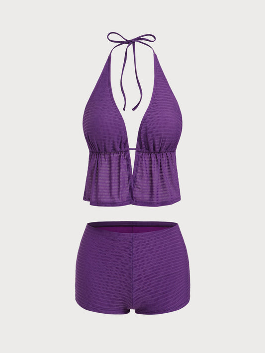 Purple Nylon Knitted Shorts Tankini Set