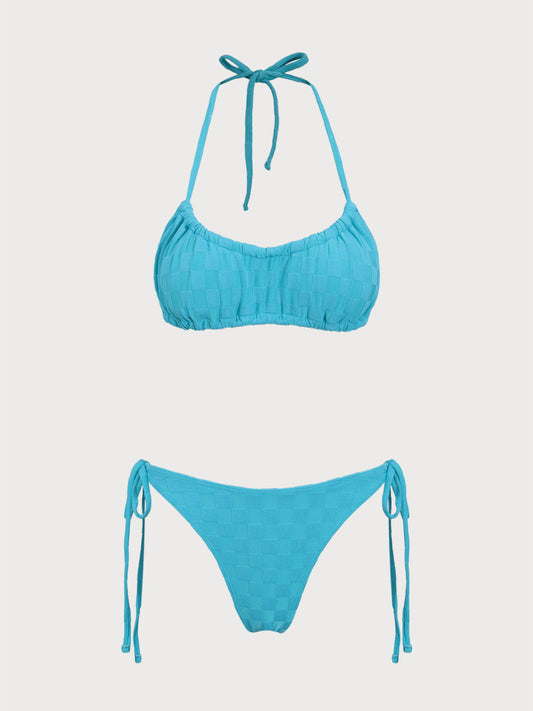 Blue Checkered Ruched Bikini Set