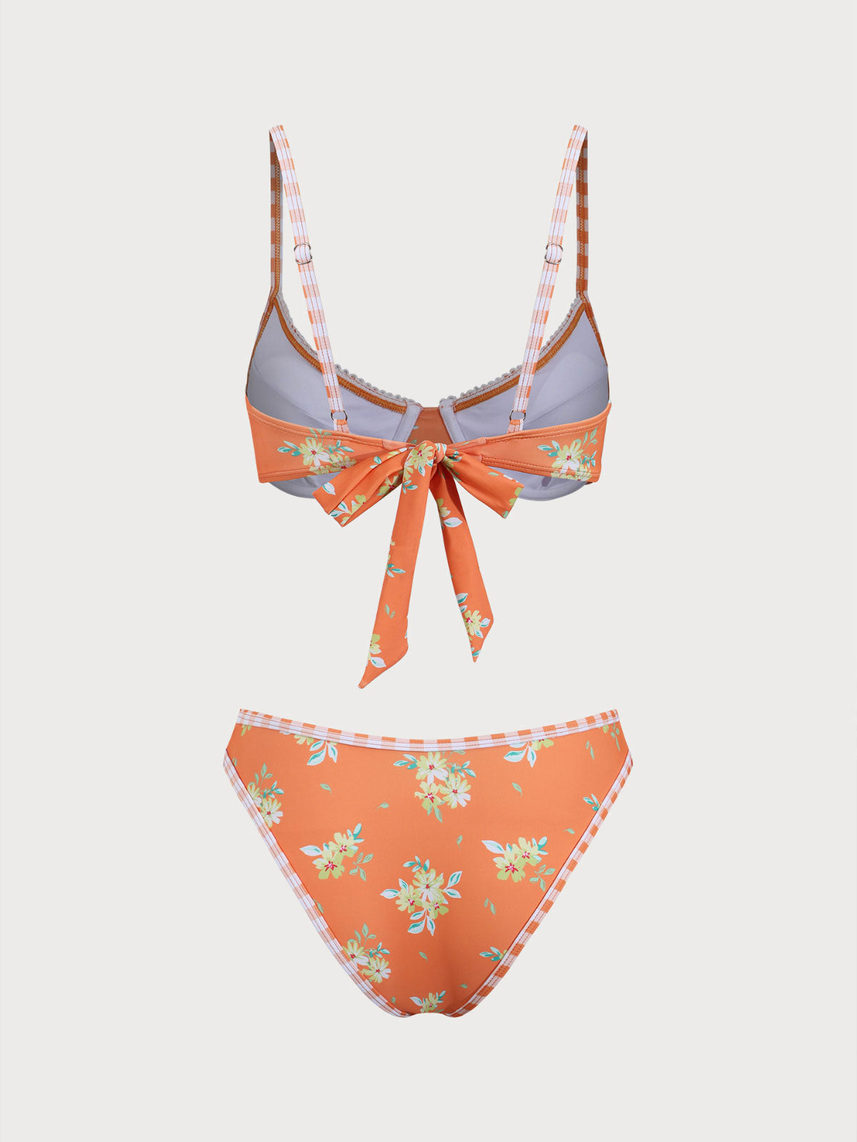 Orange Contrast Floral Plaid Print Bikini Set