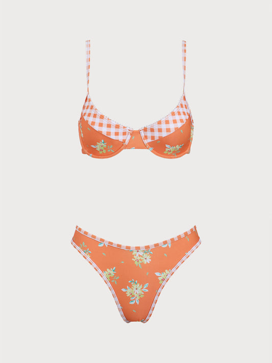Orange Contrast Floral Plaid Print Bikini Set