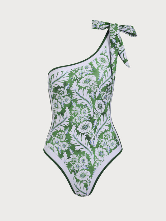 Green Floral One-Shoulder One Piece Swimsuit