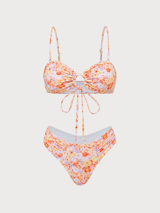 Orange Hollow Strap Front Floral Bikini Set