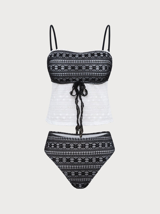 Black Contrast Backless Tankini Swimsuit