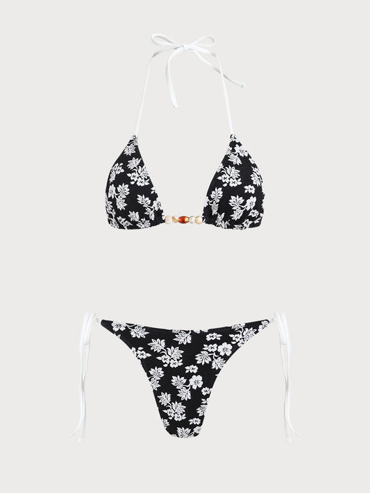 Black Contrast Beaded Bikini Set