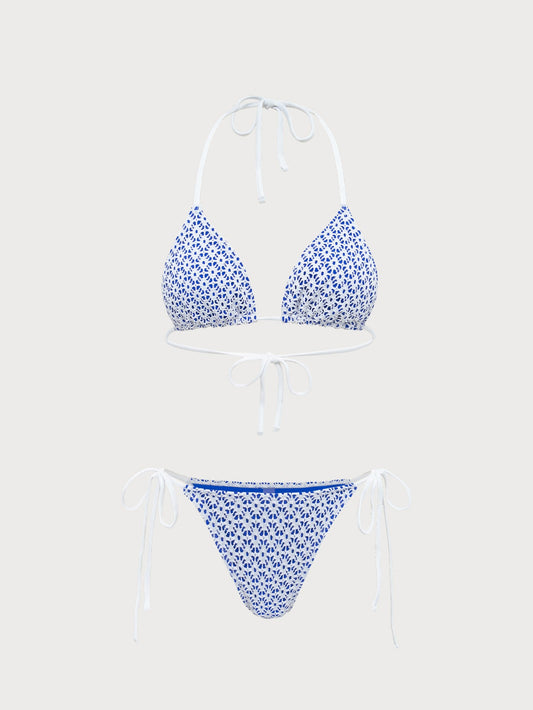 Blue Contrast Color Hollow Mesh Bikini Set