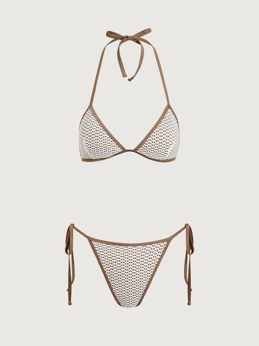 Brown Contrast Color Mesh Bikini Set
