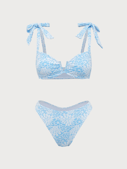 Blue Contrast Color V-Neck Bikini Set