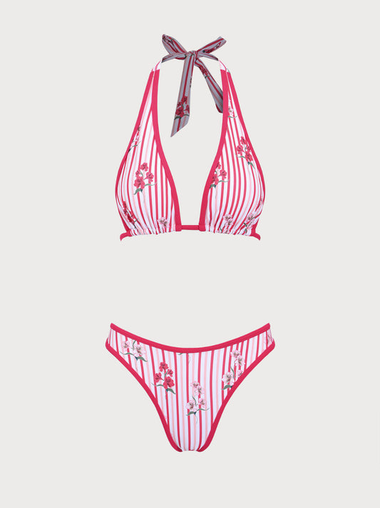 Red Contrast Color Vintage Print Bikini Set