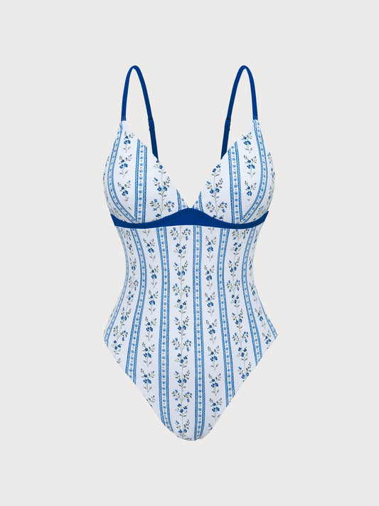 Light Blue Contrast Elegant Printed One-Piece Swimsuit