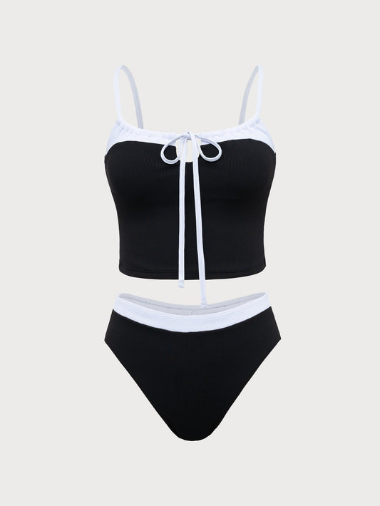 Black Contrast Hollow Tankini Swimsuit