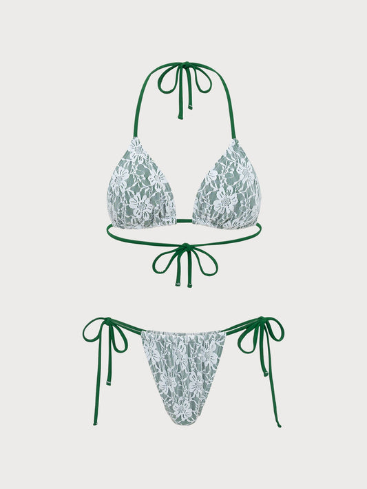 Green Contrast Lace Bikini Set