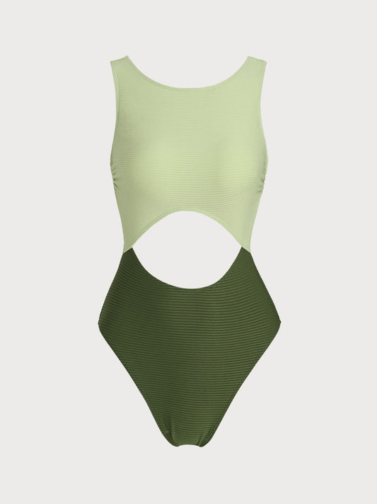 Green Contrast Ribbed Hollow One-Piece Swimsuit
