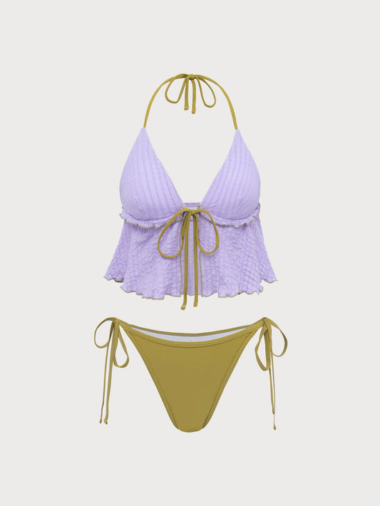 Purple Contrast Tie Front Tankini Swimsuit