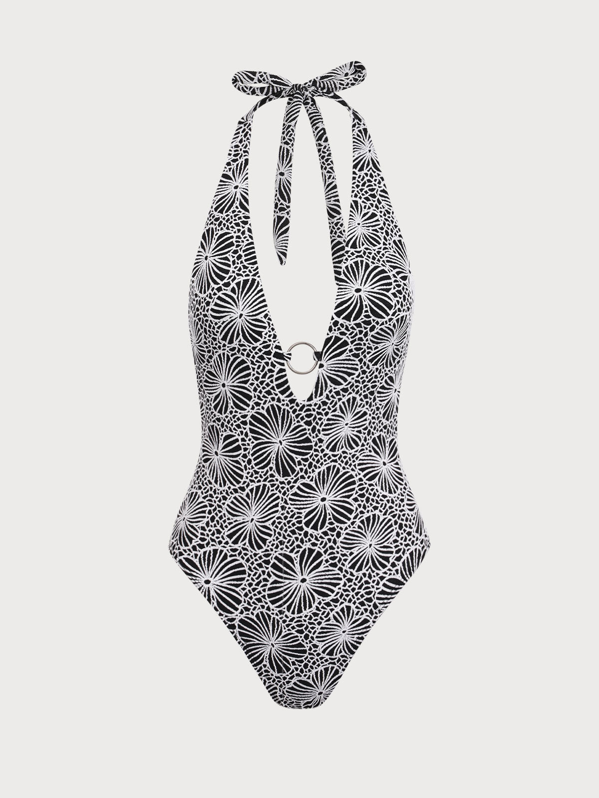 Black Jacquard V-Neck One-Piece Swimsuit