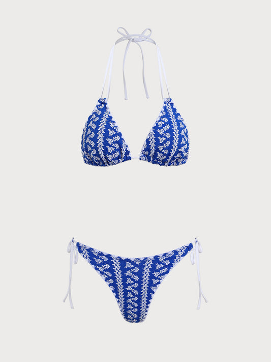 Blue Contrast Vintage Textured Floral Bikini Set