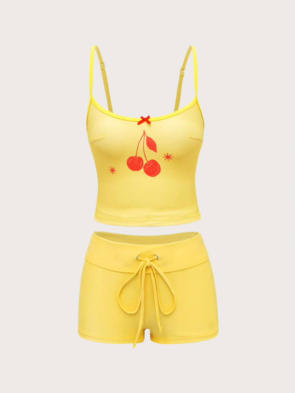 Yellow Knit Contrast Cherry Print Tankini Swimsuit