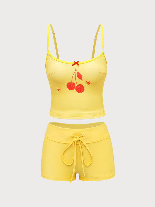 Yellow Knit Contrast Cherry Print Tankini Swimsuit