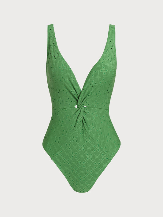 Green Deep V Twist One-Piece Swimsuit