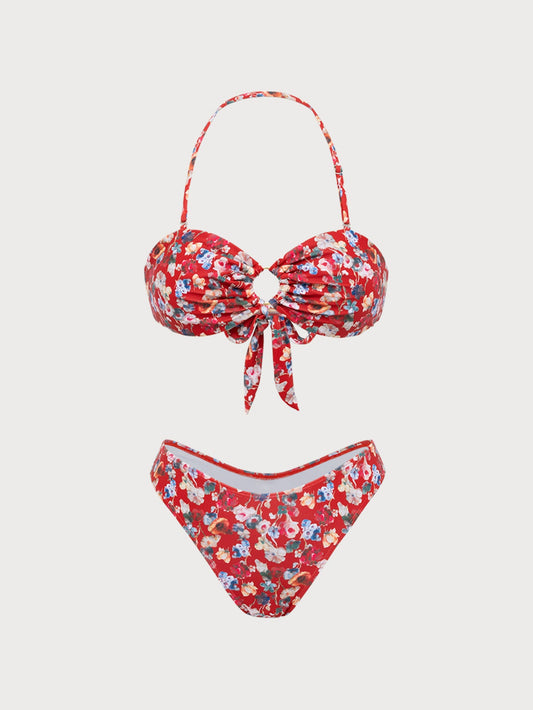 Red Halter Floral Print Bikini Set