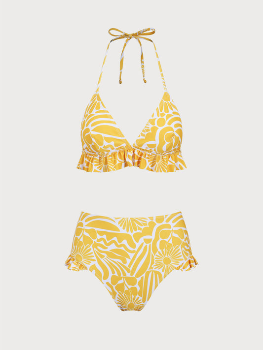 Yellow Floral Ruffle Bikini Set