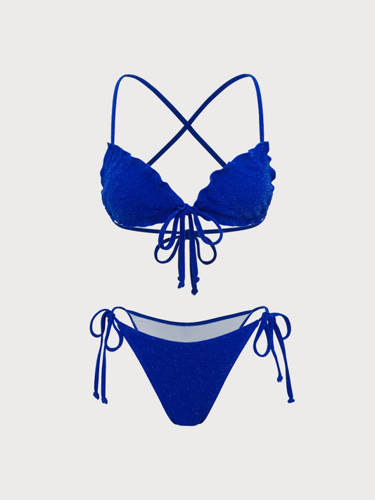 Blue Glitter Drawstring Bikini Set