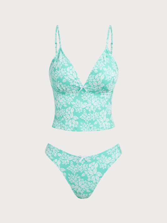 Cyan Jacquard Contrast Tankini Set