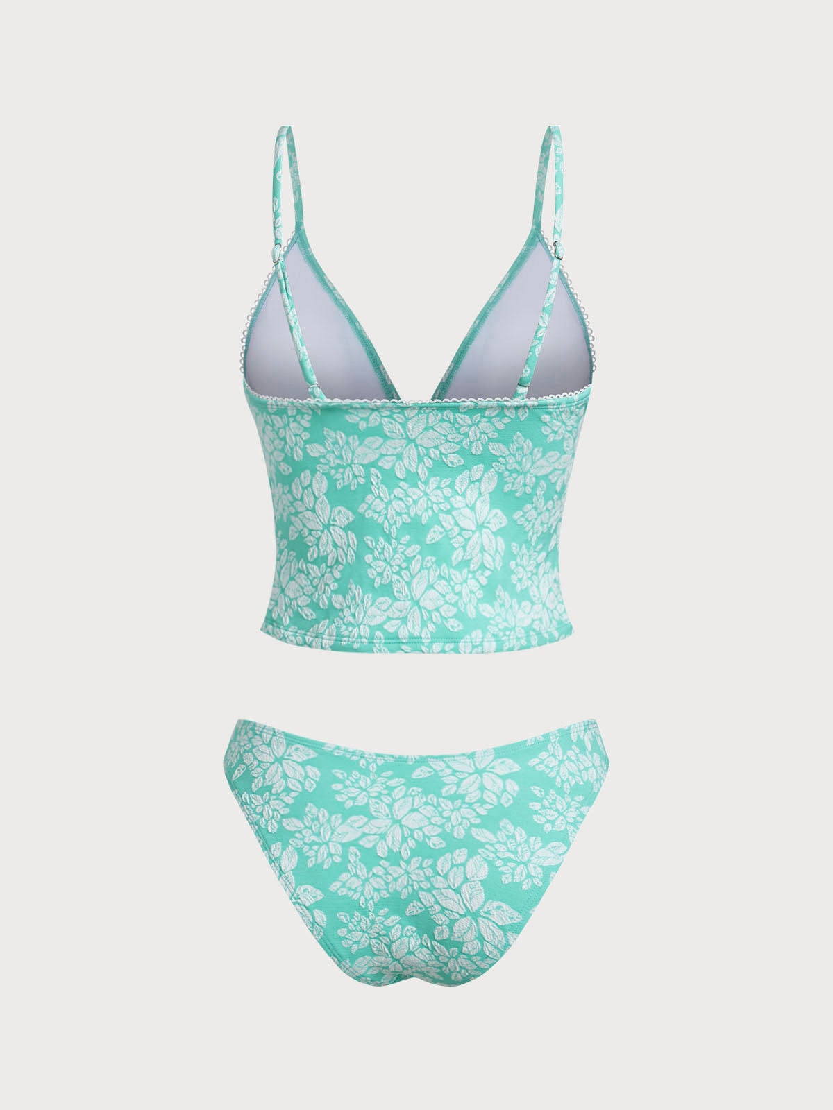 Cyan Jacquard Contrast Tankini Set