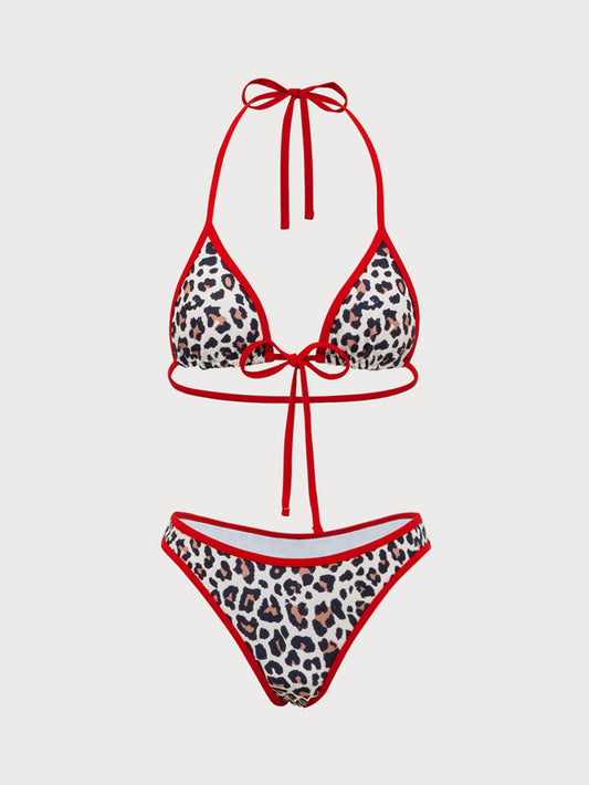 Brown Contrasting Halter Bikini Set