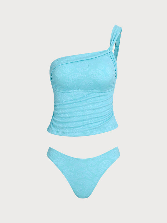 Cyan One Shoulder Tankini Set