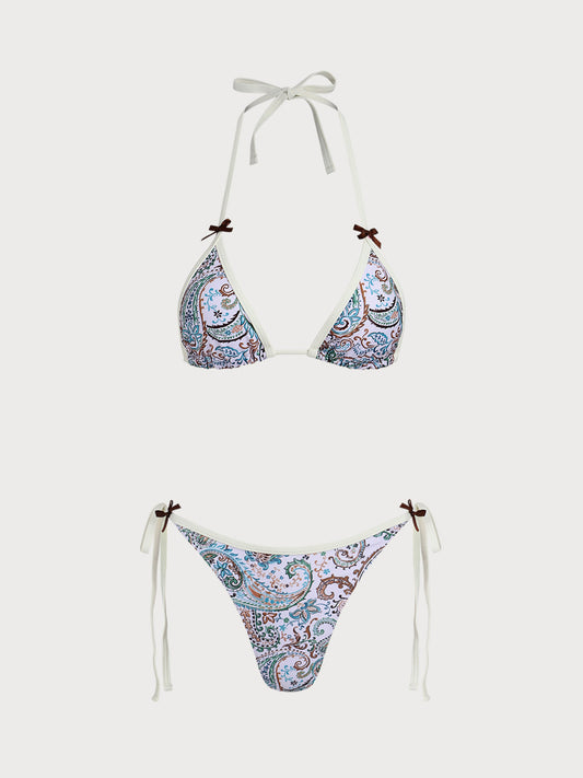 Green Paisley Print Contrast Bow Bikini Set