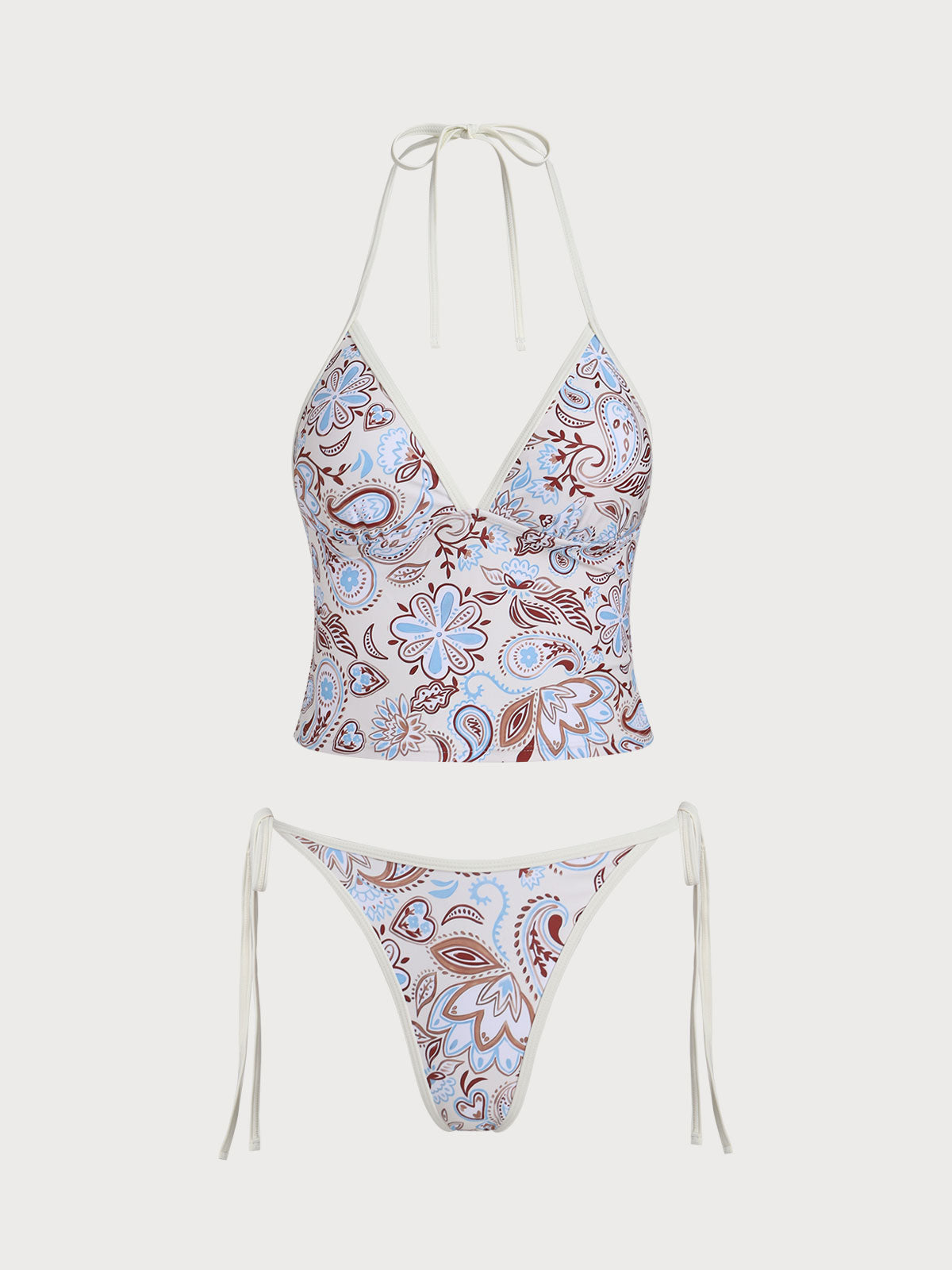 Khaki Paisley Print Contrast Tankini Set