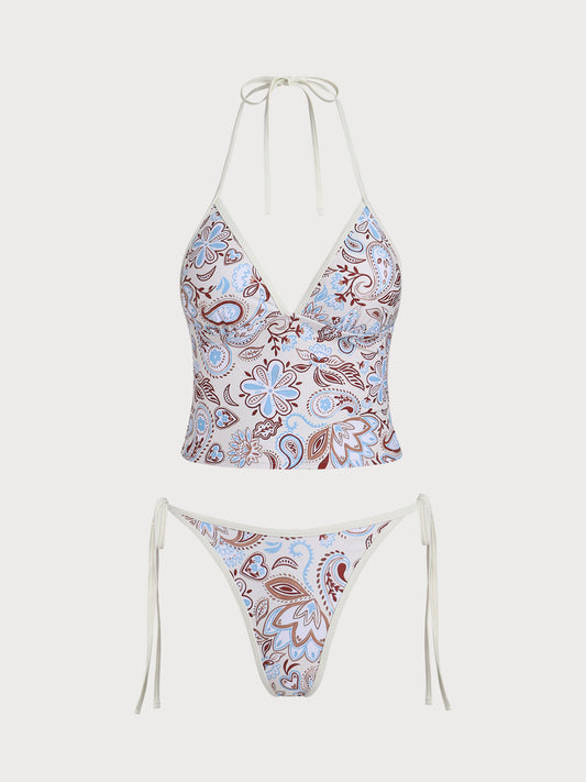 Khaki Paisley Print Contrast Tankini Set