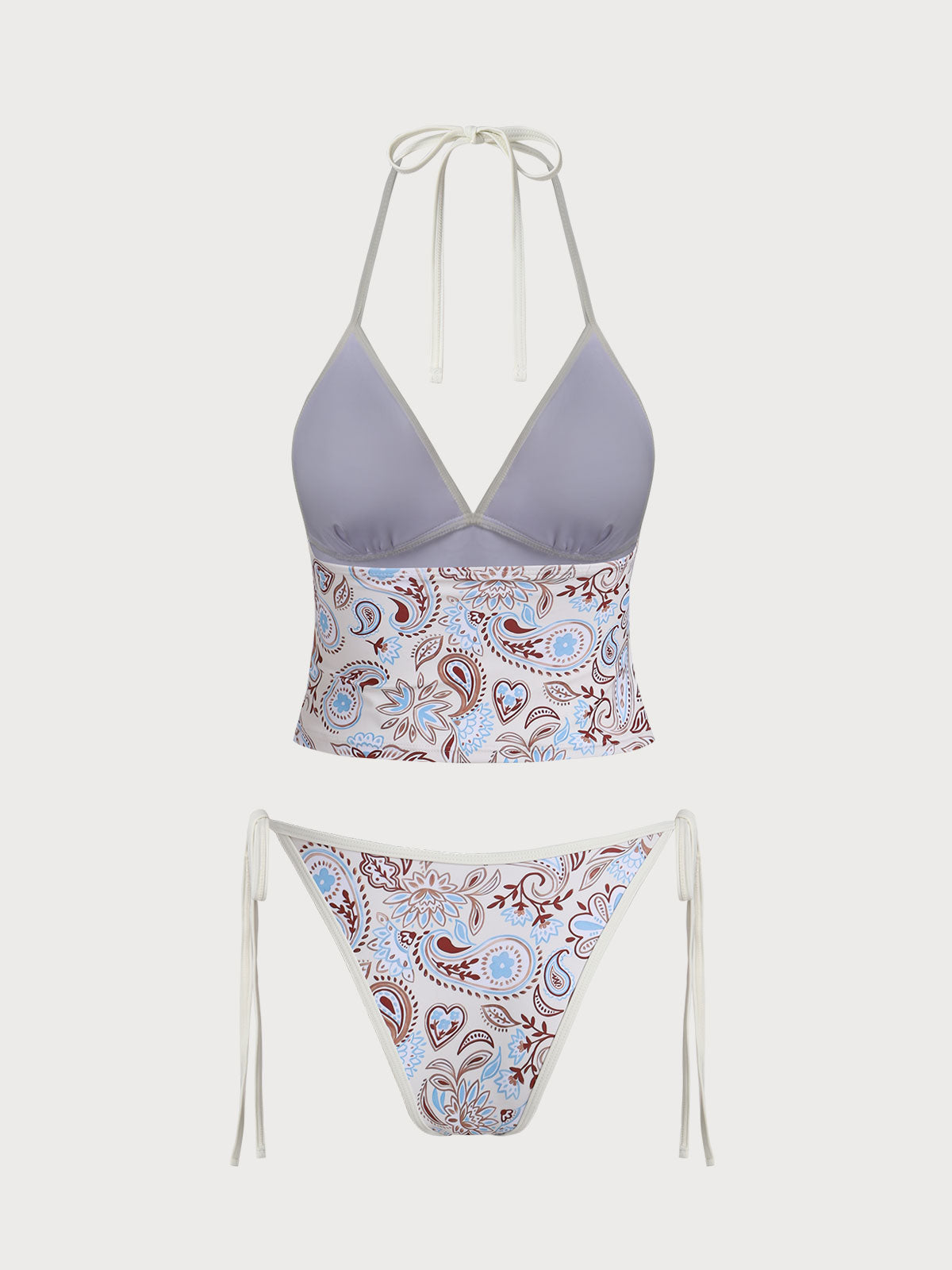 Khaki Paisley Print Contrast Tankini Set