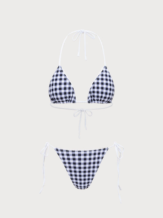 Black Plaid Halter Bikini Set
